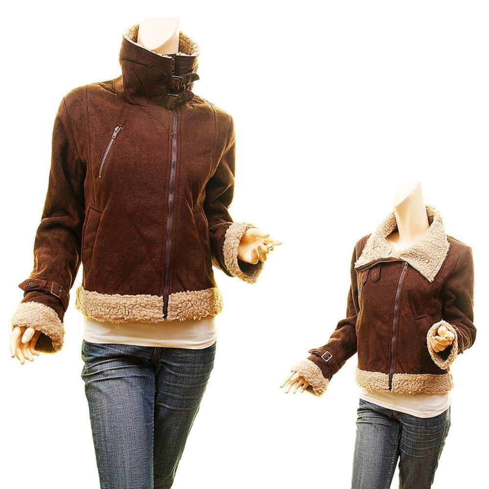 PLUS Faux Suede Leather Shearling Sherpa Aviator MOTO Bomber  Belt Jacket J1039